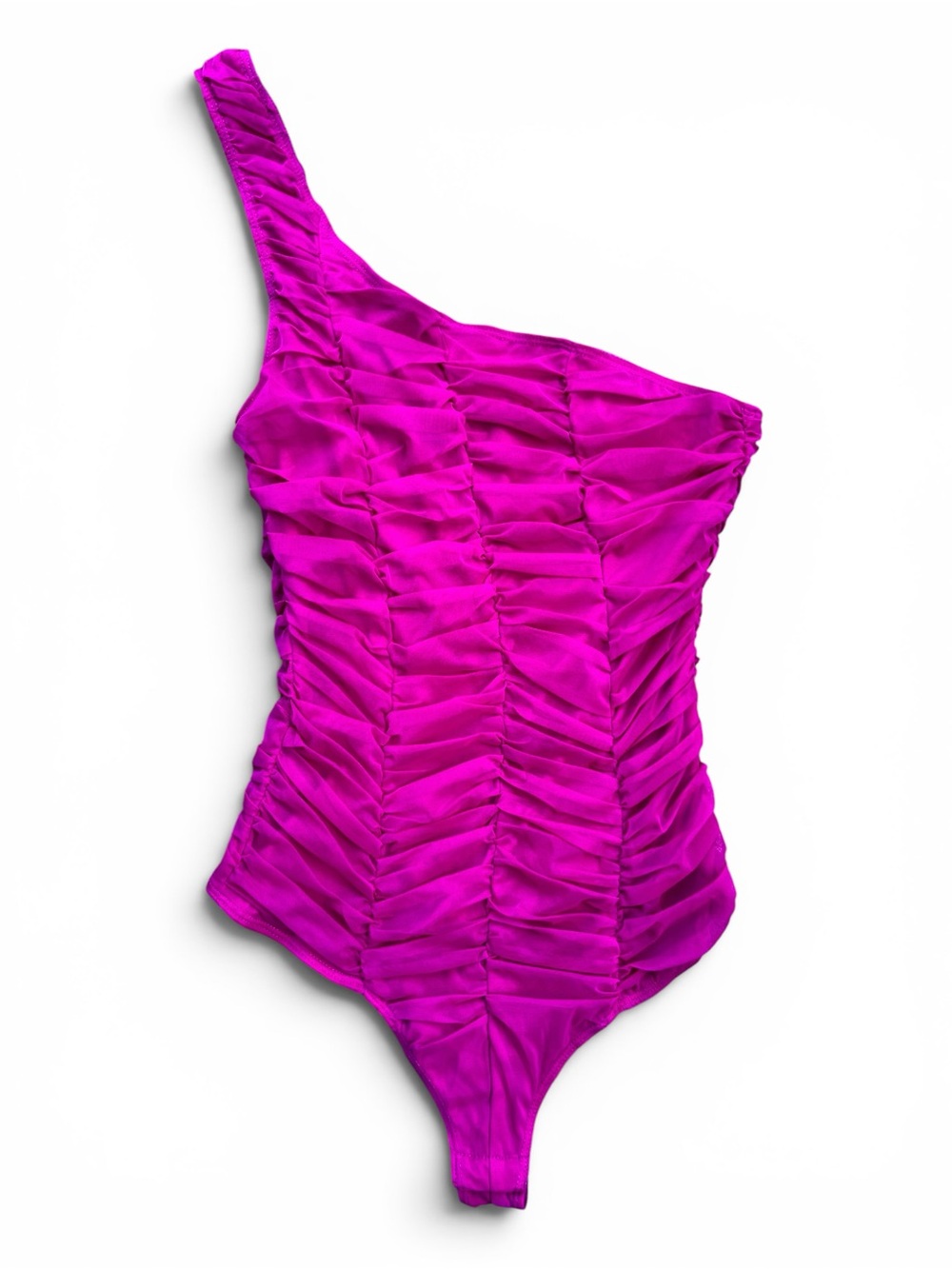 Anthropologie Mesh Bodysuit | One-Shoulder Ruched Neon Magenta Y2K | SZ M